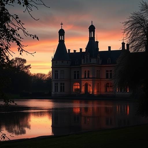 Image d'une publicité pour le parfum 'Élixir de Nuit', tournée dans un château de la Loire illuminé.