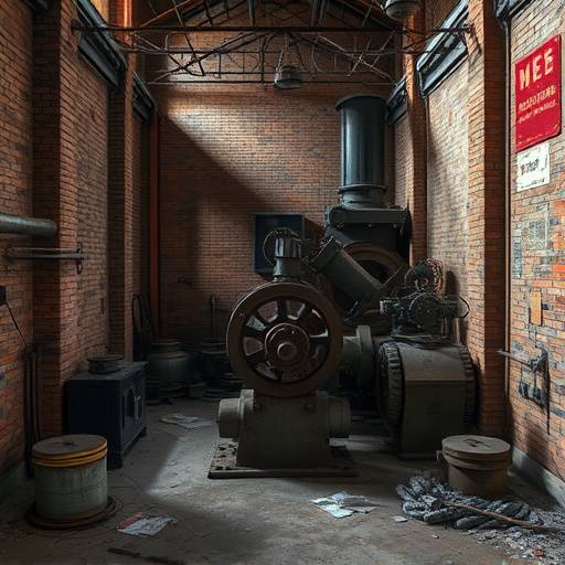 Intérieur d'une usine désaffectée avec des murs en briques et des machines rouillées.
