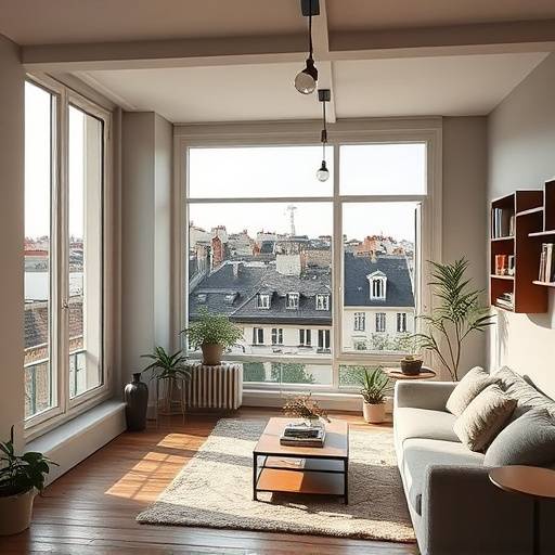 Intérieur spacieux d'un loft parisien avec des fenêtres donnant sur les toits de Paris.