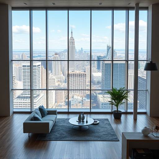 Un loft moderne et spacieux avec de grandes fenêtres et une vue imprenable sur la ville, parfait pour une scène contemporaine.