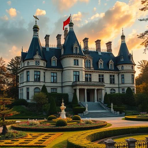 Un magnifique château franäais avec des tourelles et des jardins luxuriants, idéal pour un film historique.
