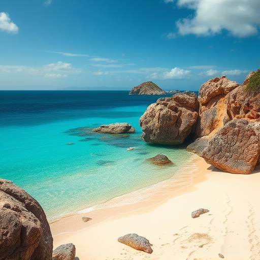 Une plage de sable fin isolée avec des eaux turquoise et des rochers pittoresques, idéale pour un film d'aventure ou une romance.