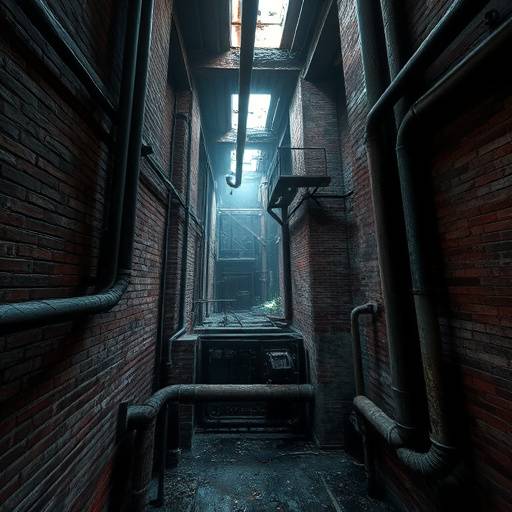 Une usine désaffectée avec des murs de briques, des tuyaux rouillés et une atmosphère industrielle, idéale pour un film d'horreur ou un thriller.